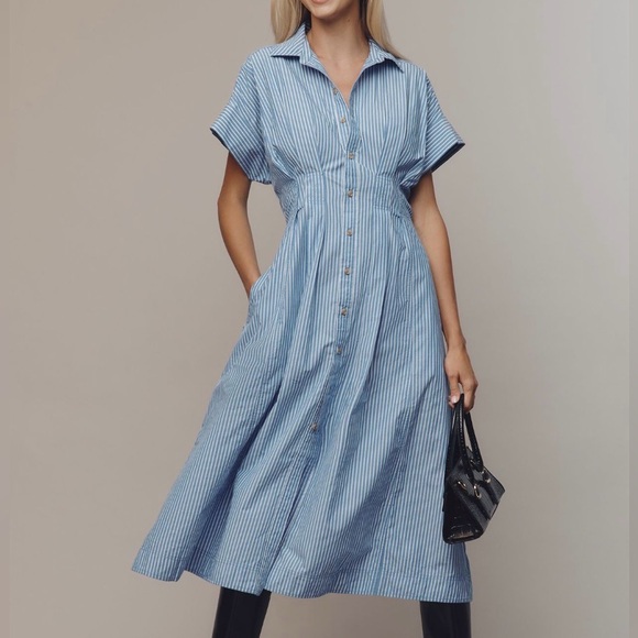 Anthropologie Pilcro Short Sleeve Midi Shirt Dress Blue White Stripe Size XS New - Picture 11 of 11
